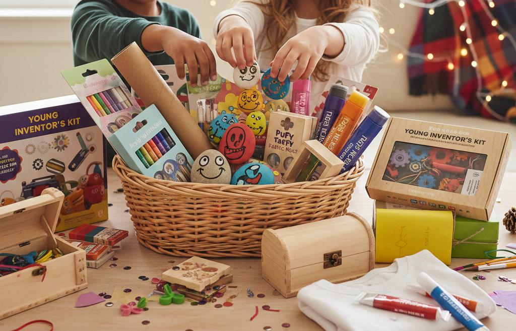 kids reaching into a basket of craft items